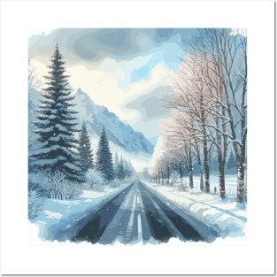 Winter Mountain Forest Road Landscape Posters and Art